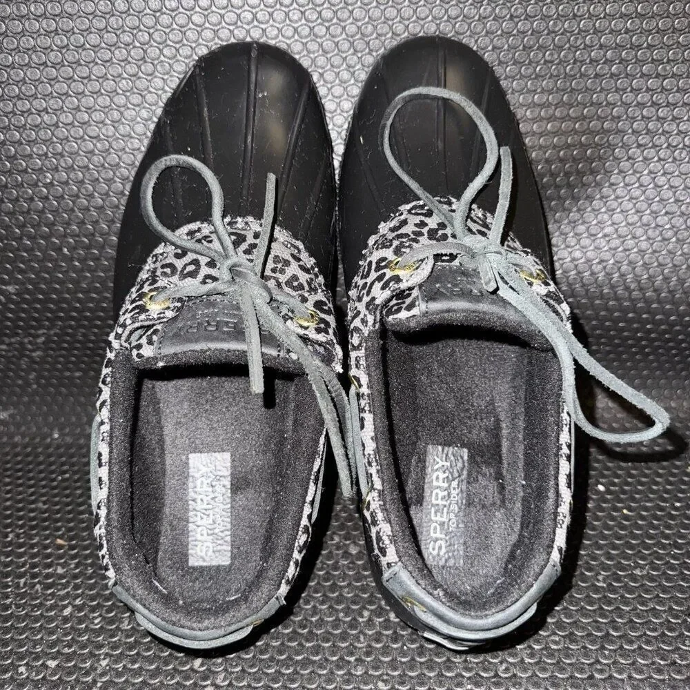 Sperry Saltwater 1-Eye Cozy Rain Duck Boot Black Cheetah Print Shoe Women Size 8